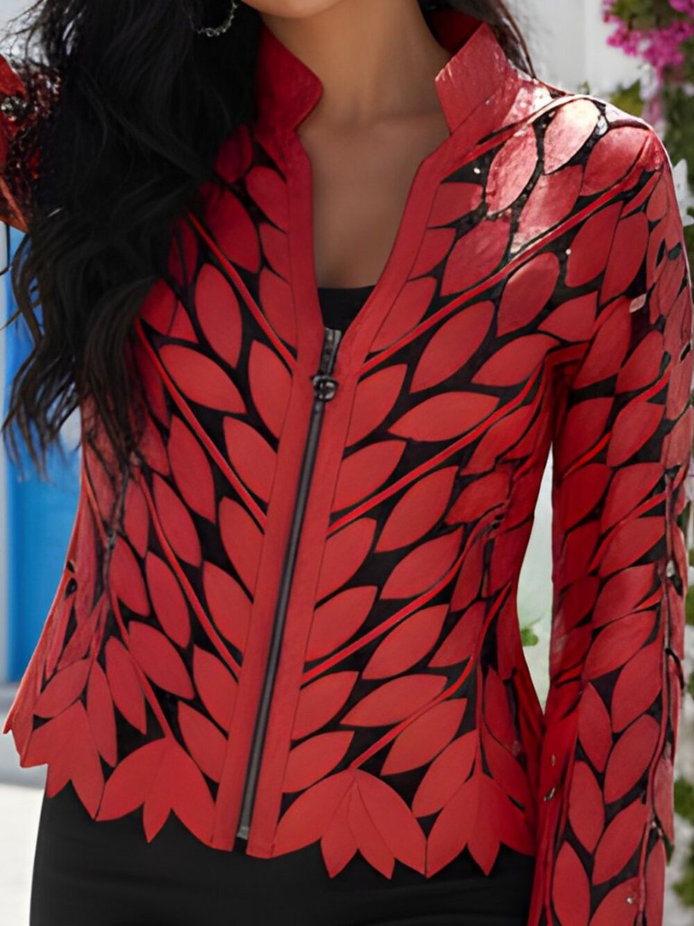 Women Sheer Jacket Blouse Top Shirt Outfit Handmade Light Leather Leaf Pattern